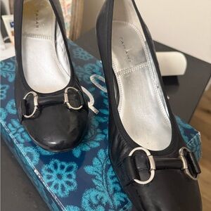 Tahari Black Loafers with Silver Buckle Detail